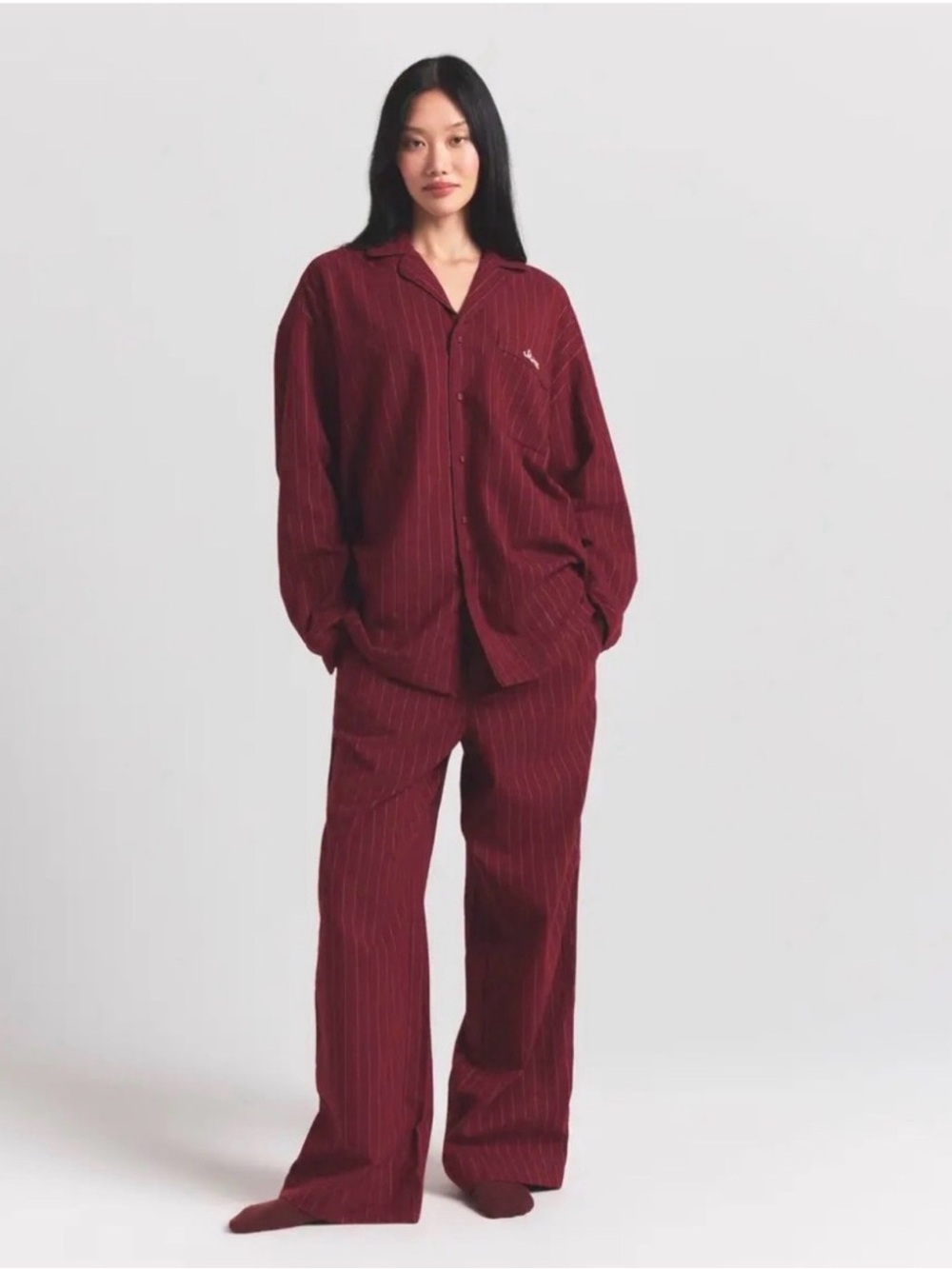 SKIMS Elevated Flannel Sleep Set - Deep Wine NWT xs oversized